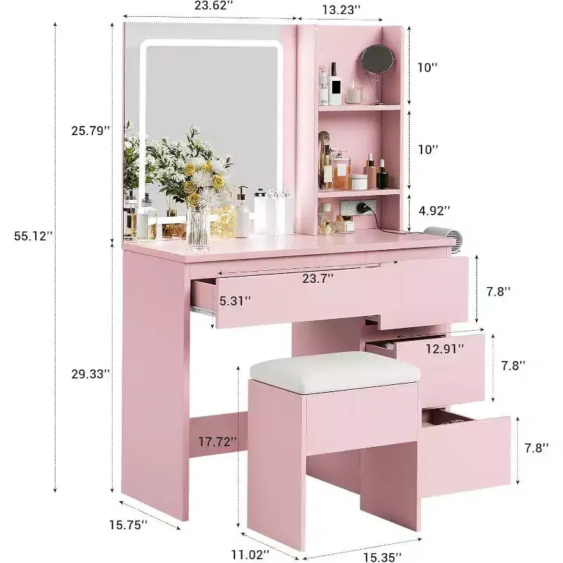 Toeletta Trucco con Specchio Illuminato, Set Tavolo da Trucco con 4 Cassetti, Rosa