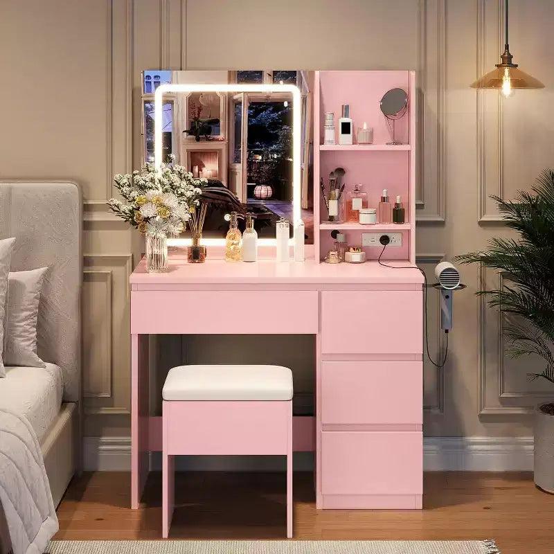 Toeletta Trucco con Specchio Illuminato, Set Tavolo da Trucco con 4 Cassetti, Rosa