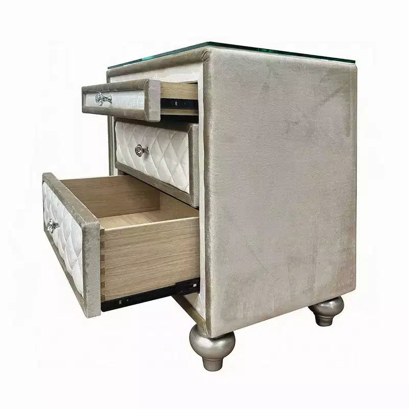 Comodino, 2 Cassetti, Vassoio Estraibile, Legno 27 Pollici, Velluto Beige