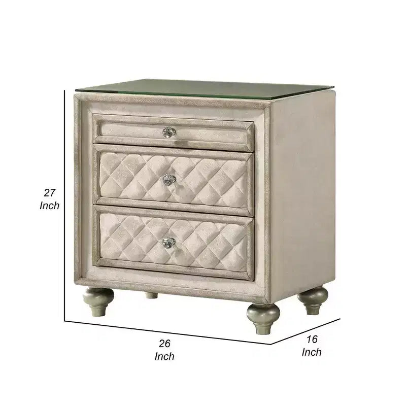 Comodino, 2 Cassetti, Vassoio Estraibile, Legno 27 Pollici, Velluto Beige