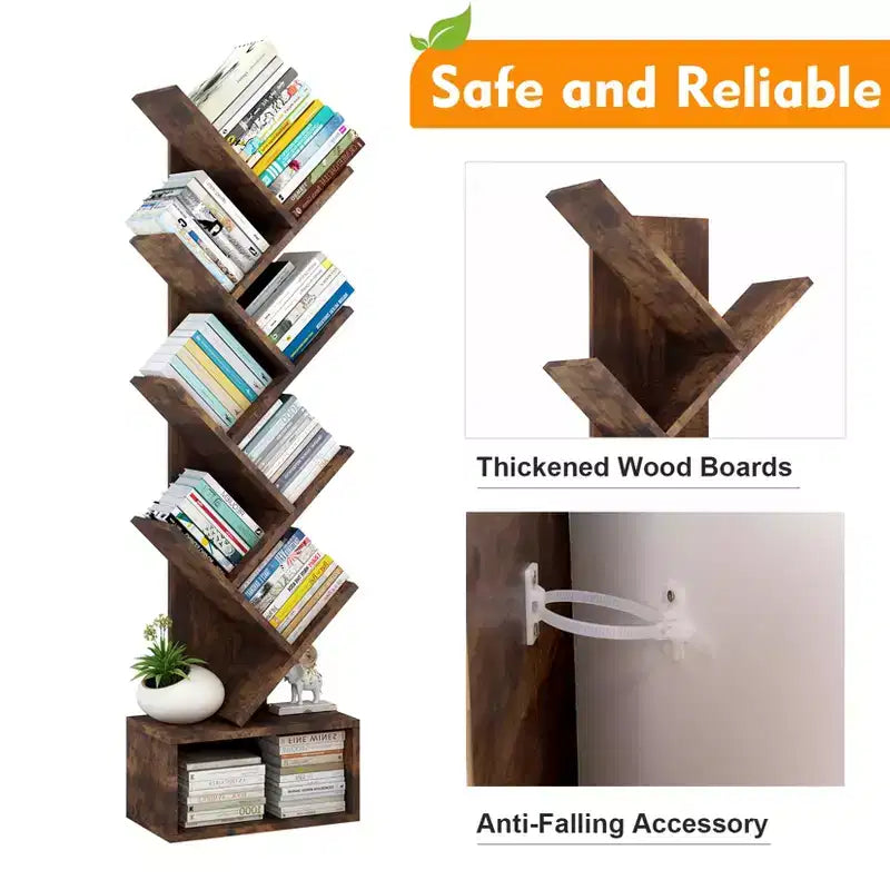 8-Tier Tree-Shaped Bookshelf Rustic-Style Open Shelving Unit Ideal for Living Rooms, Bedrooms, and Offices