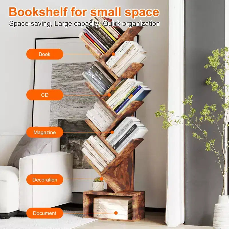 8-Tier Tree-Shaped Bookshelf Rustic-Style Open Shelving Unit Ideal for Living Rooms, Bedrooms, and Offices