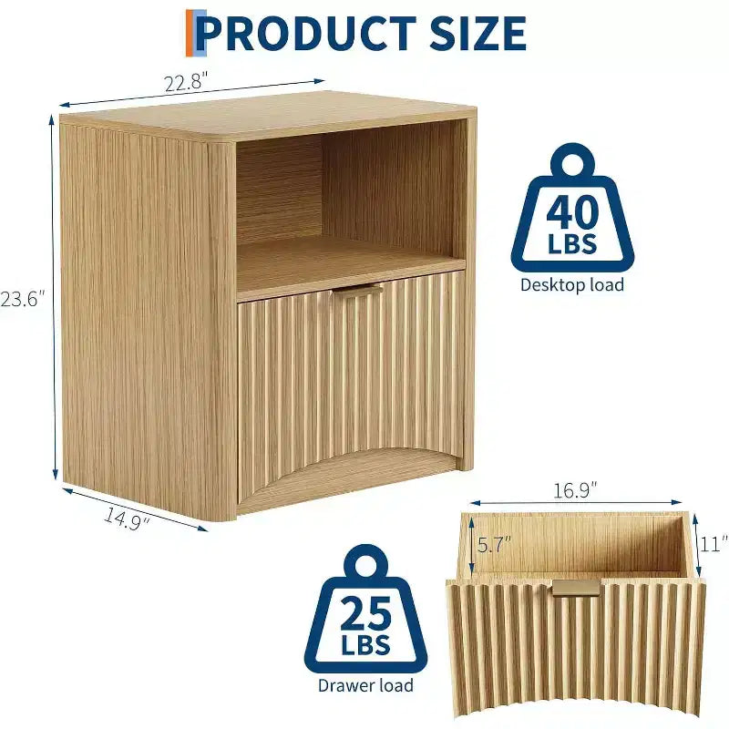 Comodino Moderno di Metà Secolo, Set di 2, Comodino Scanalato da 58 cm con Cassetto e Vano Contenitore, Comodino Scanalato per Camera da Letto Divano Ufficio