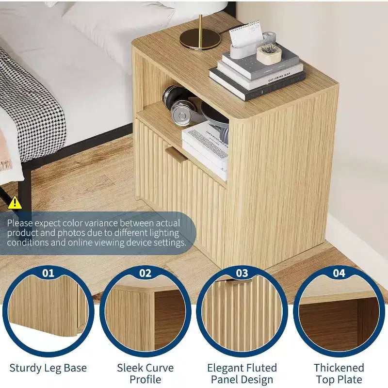 Comodino Moderno di Metà Secolo, Set di 2, Comodino Scanalato da 58 cm con Cassetto e Vano Contenitore, Comodino Scanalato per Camera da Letto Divano Ufficio