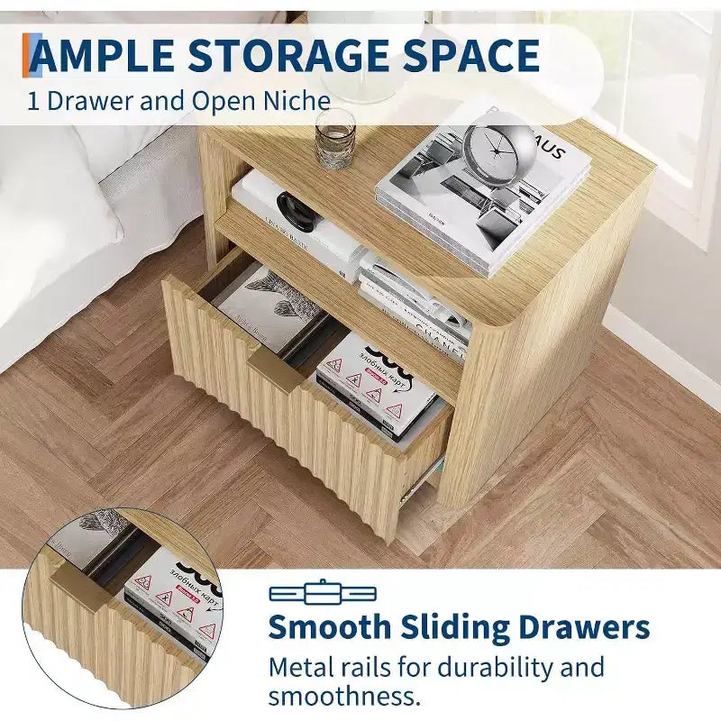 Comodino Moderno di Metà Secolo, Set di 2, Comodino Scanalato da 58 cm con Cassetto e Vano Contenitore, Comodino Scanalato per Camera da Letto Divano Ufficio