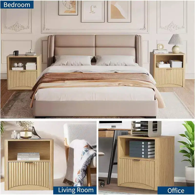Comodino Moderno di Metà Secolo, Set di 2, Comodino Scanalato da 58 cm con Cassetto e Vano Contenitore, Comodino Scanalato per Camera da Letto Divano Ufficio