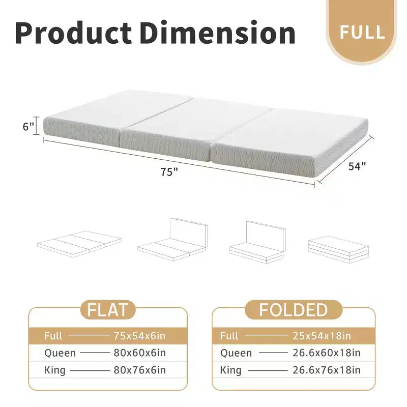 Materasso Tri Pieghevole 6 Pollici in Memory Foam Materasso Trifold Copertura Lavabile e Fondo Antiscivolo e Borsa per il Trasporto Salvaspazio Letto Ospiti, Animale Domestico