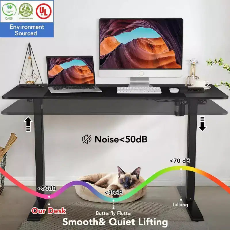 Scrivania elettrica regolabile in altezza 63 x 24 con prese, ruote, telaio a doppia trave, tappetino per mouse, desktop giuntato Multifutnl