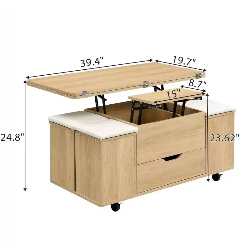 Tavolino moderno con piano sollevabile, contenitore e sgabelli, tavolino da caffè multifunzionale mobile per piccoli soggelli o appartamenti -