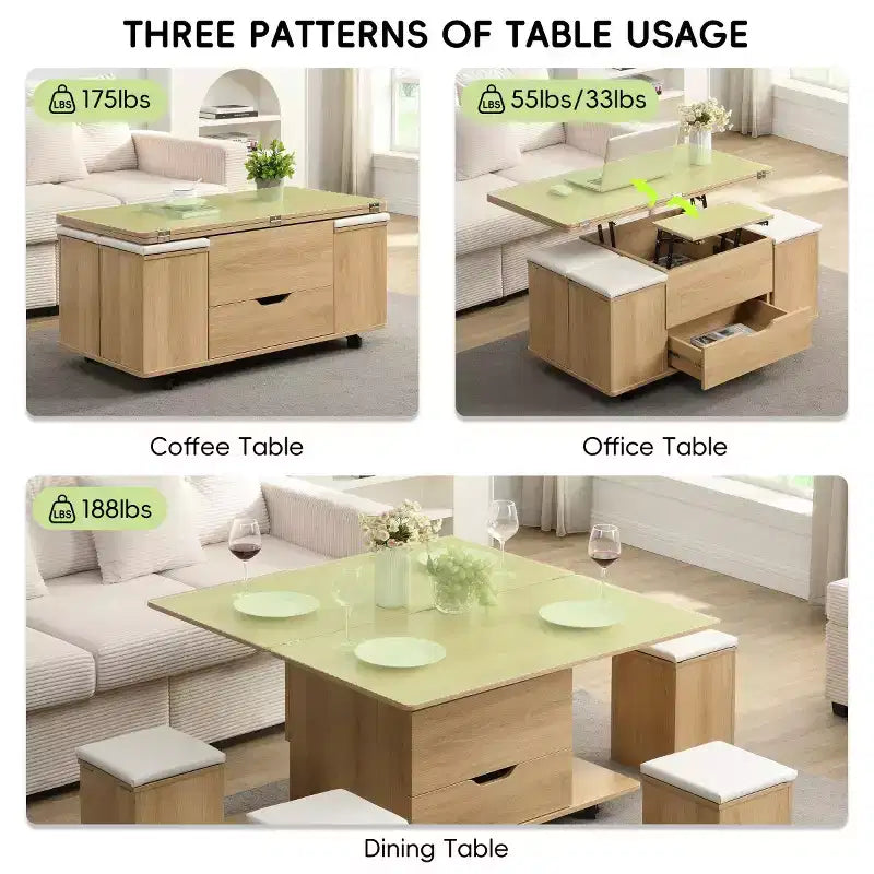 Tavolino moderno con piano sollevabile, contenitore e sgabelli, tavolino da caffè multifunzionale mobile per piccoli soggelli o appartamenti -