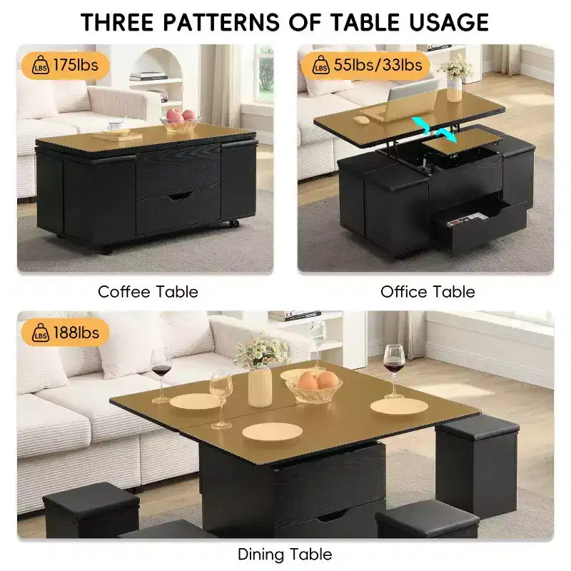 Tavolino moderno con piano sollevabile, contenitore e sgabelli, tavolino da caffè multifunzionale mobile per piccoli soggelli o appartamenti -