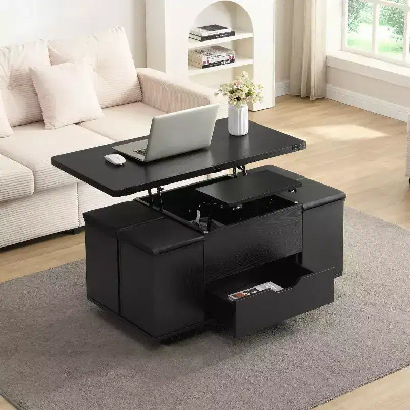 Modern Lift-Top Coffee Table with Storage and Stools, Multifunctional Mobile Center Table for Small Living Rooms or Apartments - Panipeachy