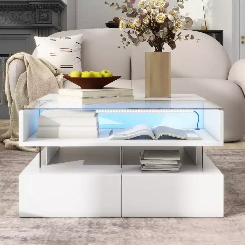 Tavolino moderno con piano sollevabile e cassetti, Tavolino quadrato con piano in vetro, Tavolino da caffè con vano nascosto e luci LED per il soggiorno