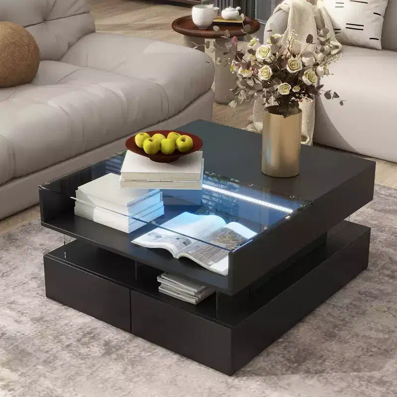 Tavolino moderno con piano sollevabile e cassetti, Tavolino quadrato con piano in vetro, Tavolino da caffè con vano nascosto e luci LED per il soggiorno