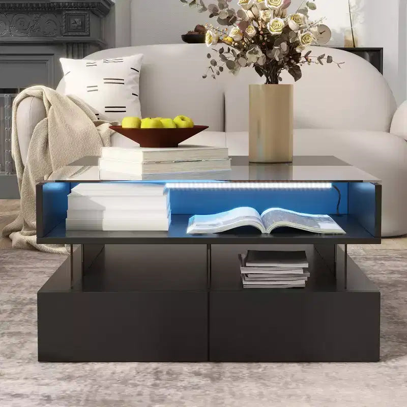 Tavolino moderno con piano sollevabile e cassetti, Tavolino quadrato con piano in vetro, Tavolino da caffè con vano nascosto e luci LED per il soggiorno