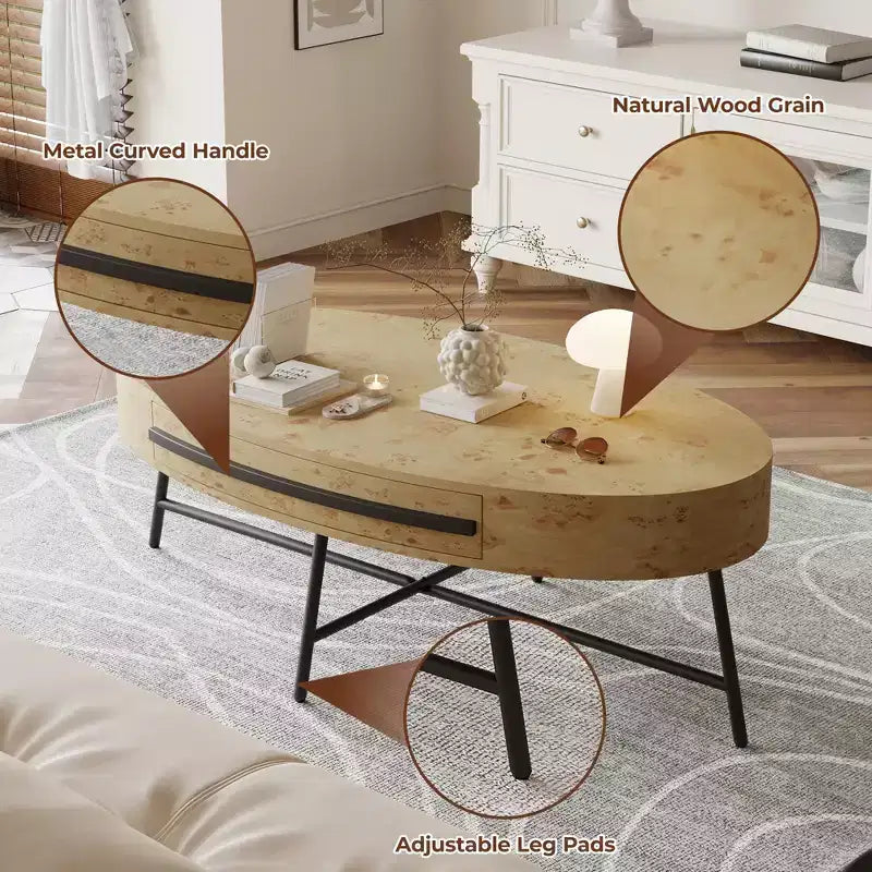 Tavolino da Caffè Ovale con Cassetto Tavolo da Centro Moderno di Metà Secolo 120 cm Tavolino da Salotto in Legno con Contenitore e Gambe Metalliche Incrociate Design Curvo