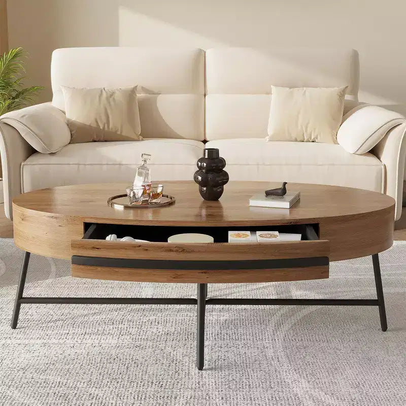 Tavolino da Caffè Ovale con Cassetto Tavolo da Centro Moderno di Metà Secolo 120 cm Tavolino da Salotto in Legno con Contenitore e Gambe Metalliche Incrociate Design Curvo