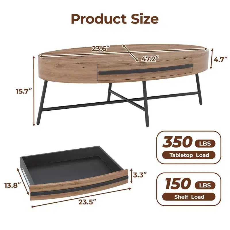 Tavolino da Caffè Ovale con Cassetto Tavolo da Centro Moderno di Metà Secolo 120 cm Tavolino da Salotto in Legno con Contenitore e Gambe Metalliche Incrociate Design Curvo