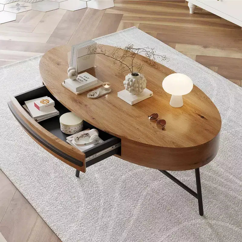 Tavolino da Caffè Ovale con Cassetto Tavolo da Centro Moderno di Metà Secolo 120 cm Tavolino da Salotto in Legno con Contenitore e Gambe Metalliche Incrociate Design Curvo