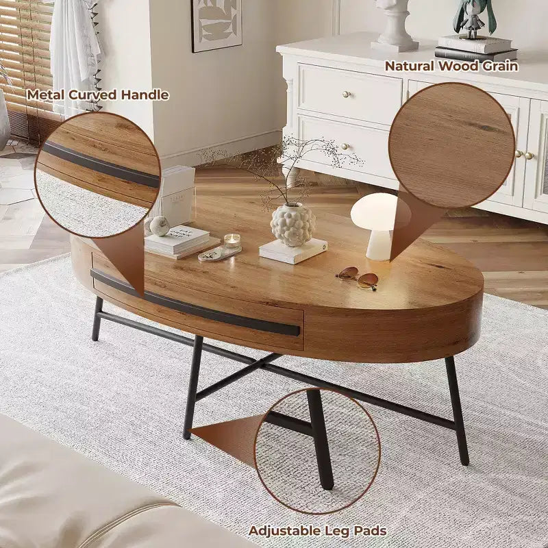 Tavolino da Caffè Ovale con Cassetto Tavolo da Centro Moderno di Metà Secolo 120 cm Tavolino da Salotto in Legno con Contenitore e Gambe Metalliche Incrociate Design Curvo