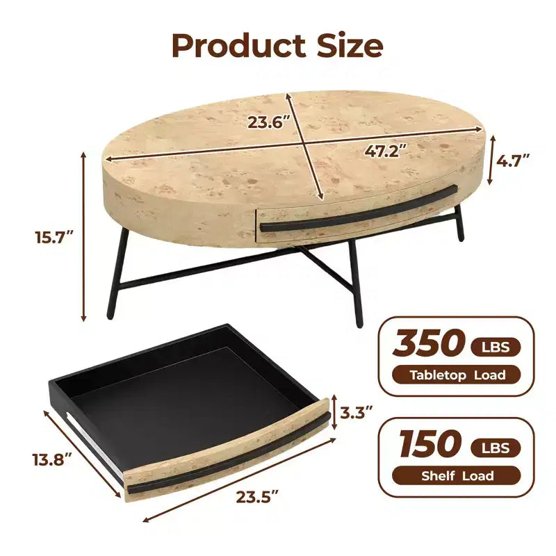 Tavolino da Caffè Ovale con Cassetto Tavolo da Centro Moderno di Metà Secolo 120 cm Tavolino da Salotto in Legno con Contenitore e Gambe Metalliche Incrociate Design Curvo