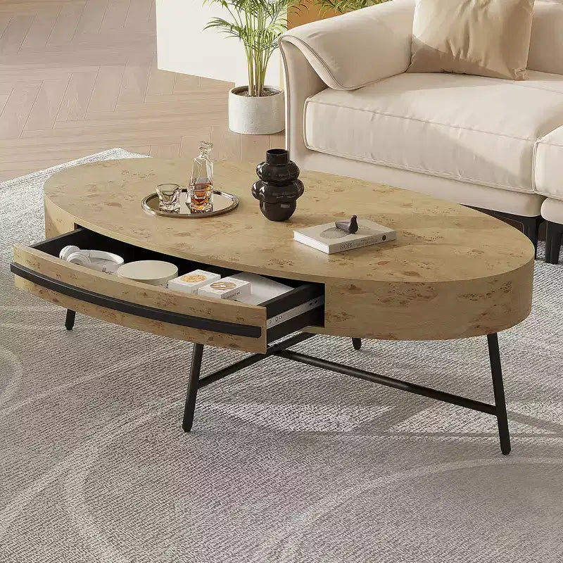 Tavolino da Caffè Ovale con Cassetto Tavolo da Centro Moderno di Metà Secolo 120 cm Tavolino da Salotto in Legno con Contenitore e Gambe Metalliche Incrociate Design Curvo
