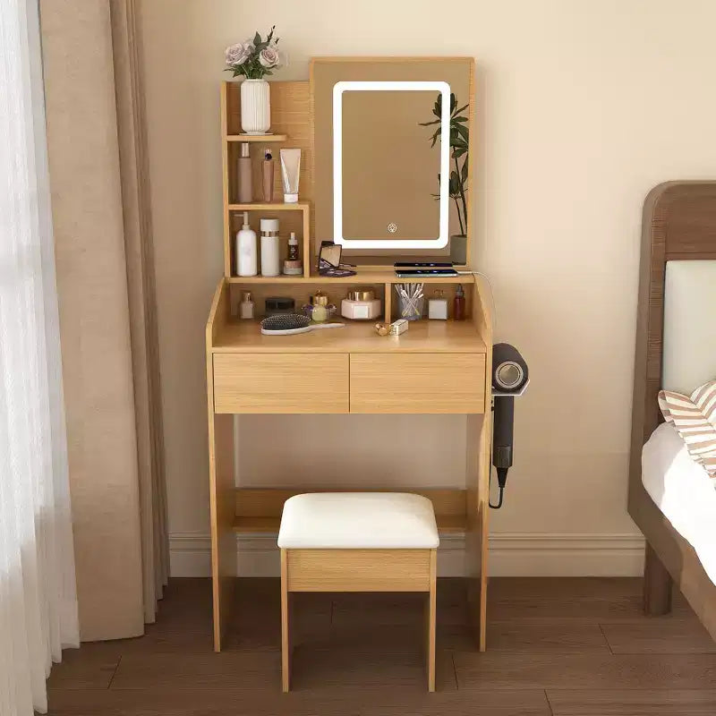 GDFStudio Saria Modern Vanity Table with LED-Illuminated Mirror, Storage Space and Stool