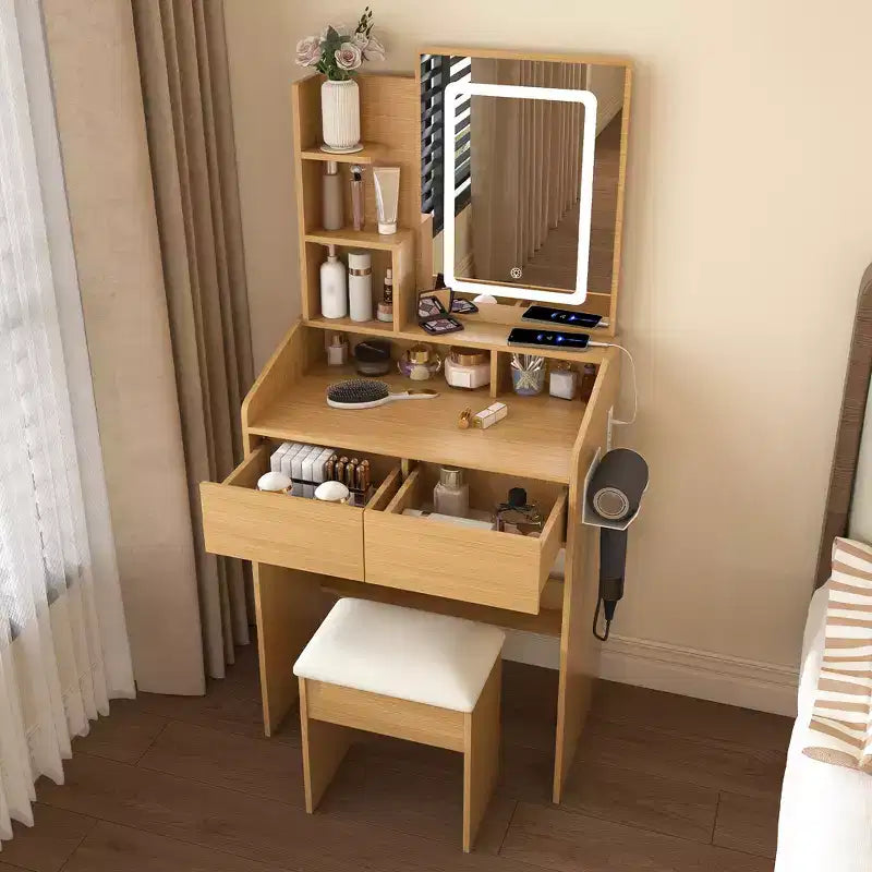 Saria, moderna toeletta con specchio illuminato a LED, spazio contenitore e sgabello