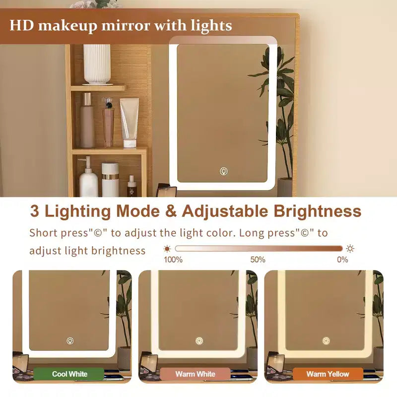 Saria, moderna toeletta con specchio illuminato a LED, spazio contenitore e sgabello