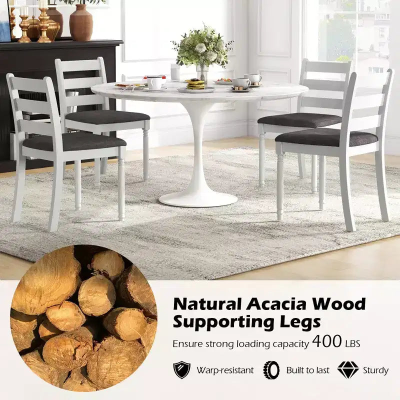 Set di 4 sedie da pranzo in legno con gambe in legno di acacia, cuscino imbottito e schienale a pioli