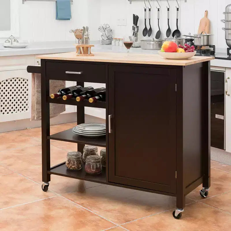 Carrello da cucina su ruote a 4 ripiani in legno con armadietto portaoggetti, scaffale e cassetto