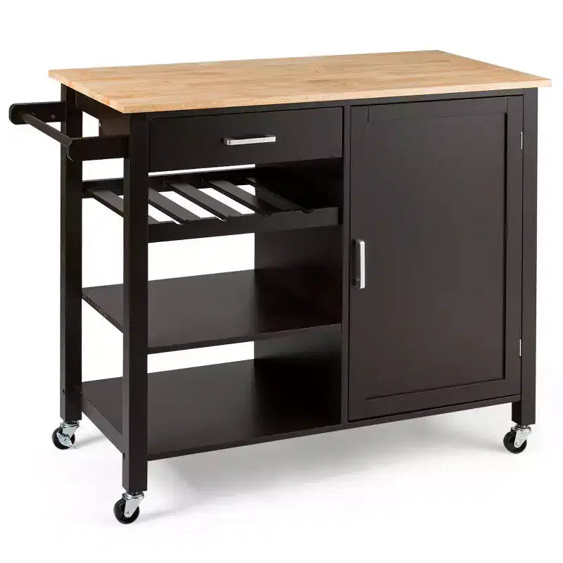 Carrello da cucina su ruote a 4 ripiani in legno con armadietto portaoggetti, scaffale e cassetto