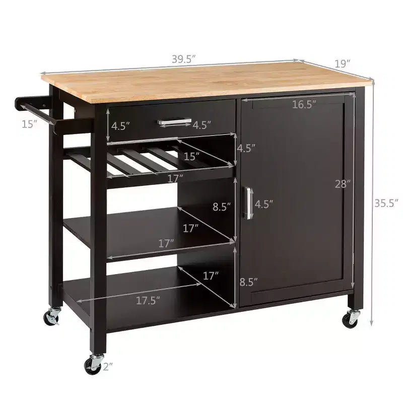 Carrello da cucina su ruote a 4 ripiani in legno con armadietto portaoggetti, scaffale e cassetto