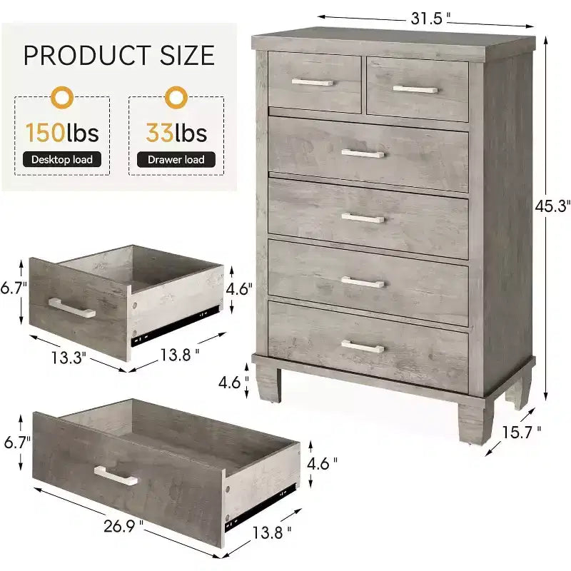 Cassettiera alta a 6 cassetti, Cassettiera moderna con maniglie in metallo, Organizer verticale per camera da letto e armadio