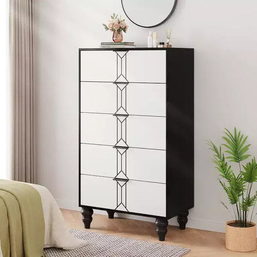 Acekool 5 Drawer Dresser, Modern Chest with Vintage Pattern and Deep Storage for Bedroom, Living Room, Entryway