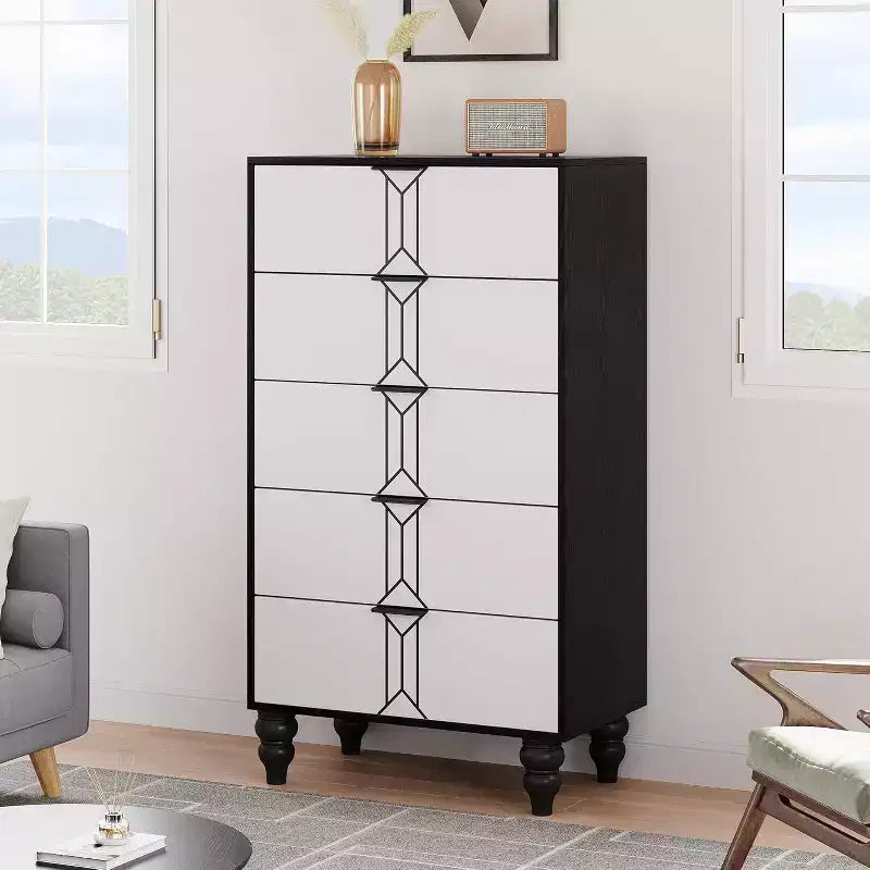 5 Drawer Dresser, Modern Chest with Vintage Pattern and Deep Storage for Bedroom, Living Room, Entryway
