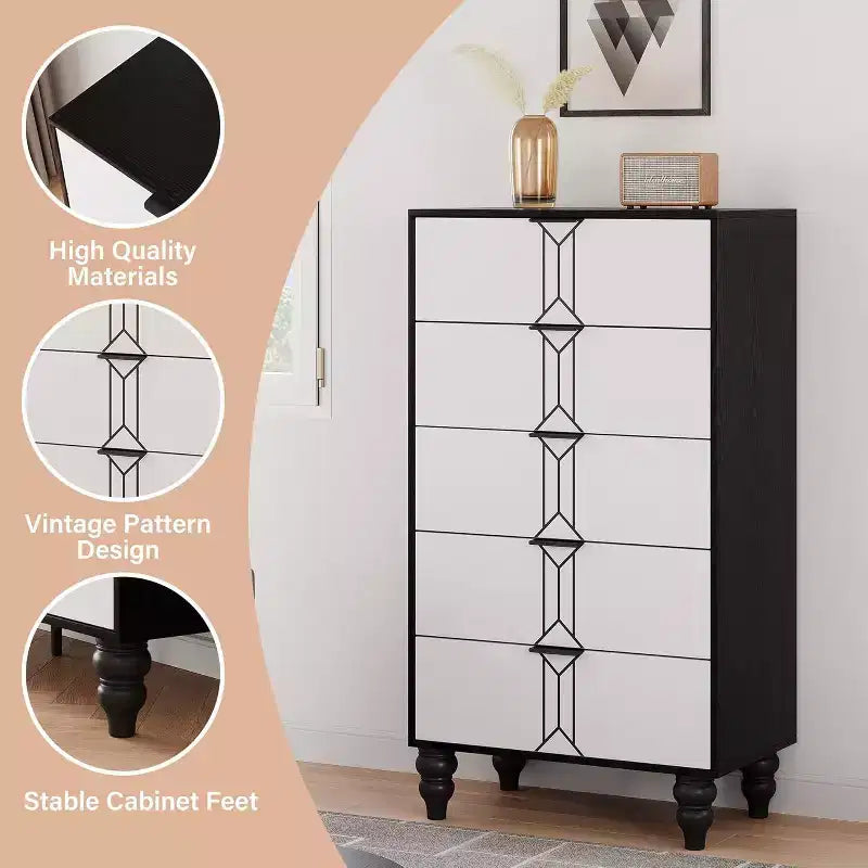 5 Drawer Dresser, Modern Chest with Vintage Pattern and Deep Storage for Bedroom, Living Room, Entryway
