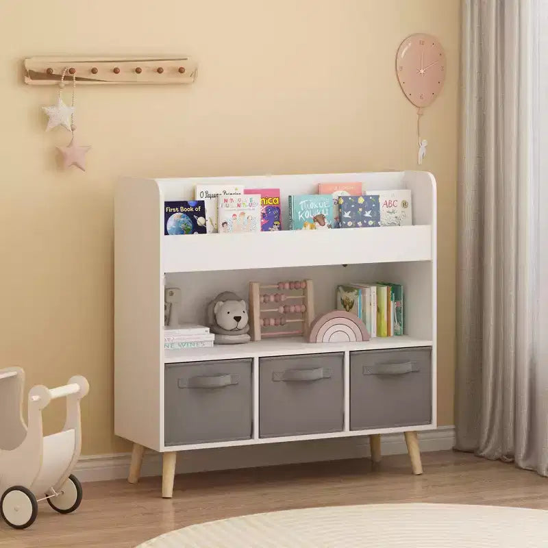Kids Bookshelf with 3 Fabric Bins, Modern Children's Bookcase with Storage for Toys and Books, Toddler Book Organizer Shelf for Playroom