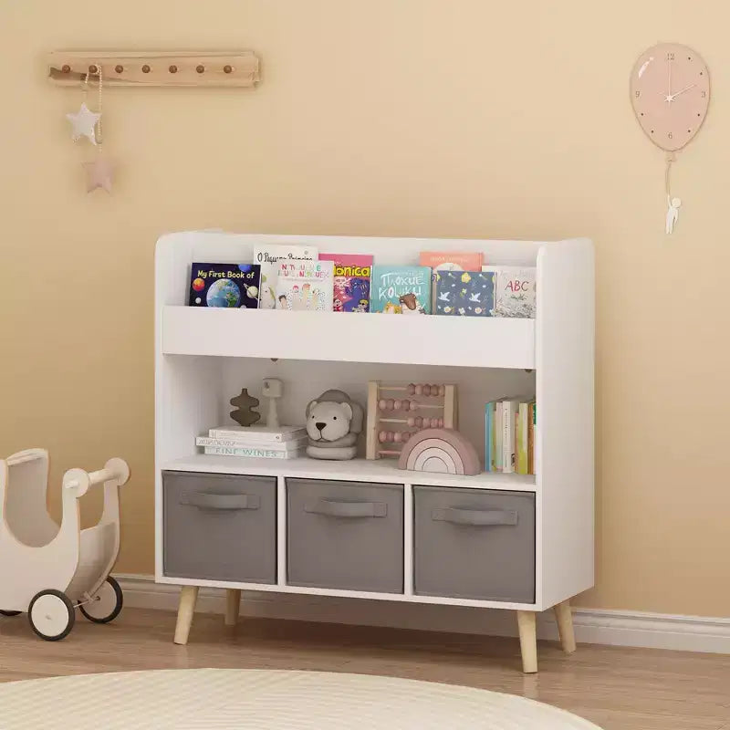 Libreria per Bambini con 3 Contenitori in Tessuto, Moderna Scaffalatura per Libri con Spazio per Giocattoli e Libri, Organizzatore per Libri per Bambini per Sala Giochi