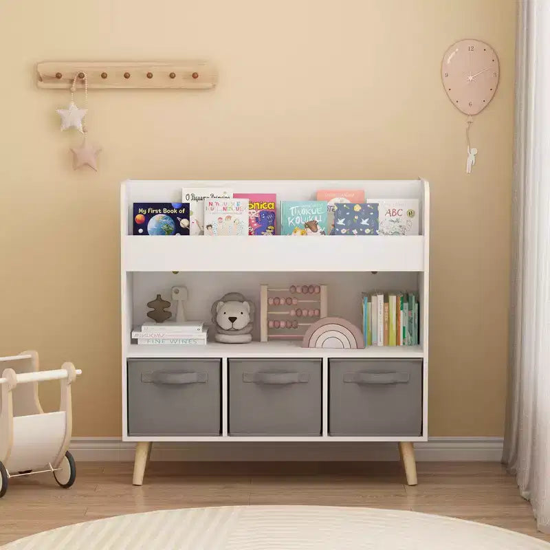 Libreria per Bambini con 3 Contenitori in Tessuto, Moderna Scaffalatura per Libri con Spazio per Giocattoli e Libri, Organizzatore per Libri per Bambini per Sala Giochi