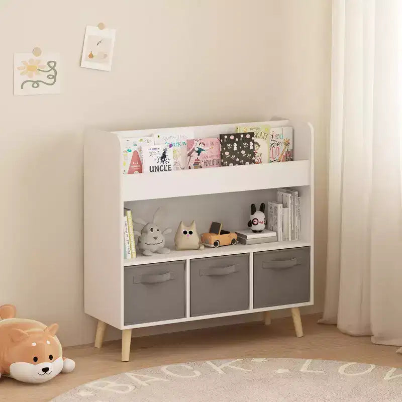 Libreria per Bambini con 3 Contenitori in Tessuto, Moderna Scaffalatura per Libri con Spazio per Giocattoli e Libri, Organizzatore per Libri per Bambini per Sala Giochi
