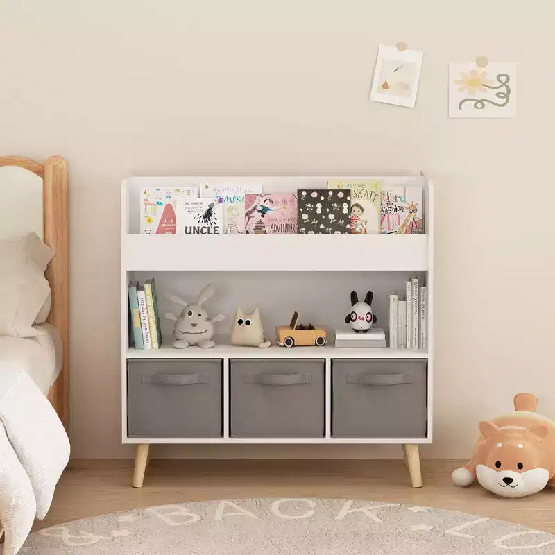 Libreria per Bambini con 3 Contenitori in Tessuto, Moderna Scaffalatura per Libri con Spazio per Giocattoli e Libri, Organizzatore per Libri per Bambini per Sala Giochi