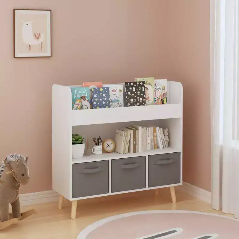 Libreria per Bambini con 3 Contenitori in Tessuto, Moderna Scaffalatura per Libri con Spazio per Giocattoli e Libri, Organizzatore per Libri per Bambini per Sala Giochi