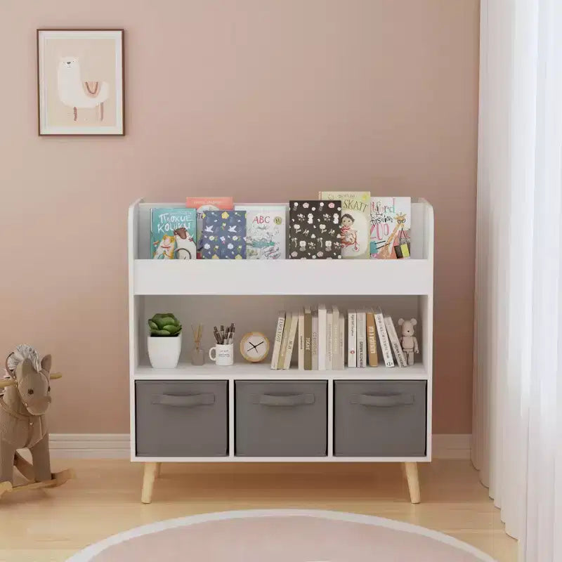 Libreria per Bambini con 3 Contenitori in Tessuto, Moderna Scaffalatura per Libri con Spazio per Giocattoli e Libri, Organizzatore per Libri per Bambini per Sala Giochi