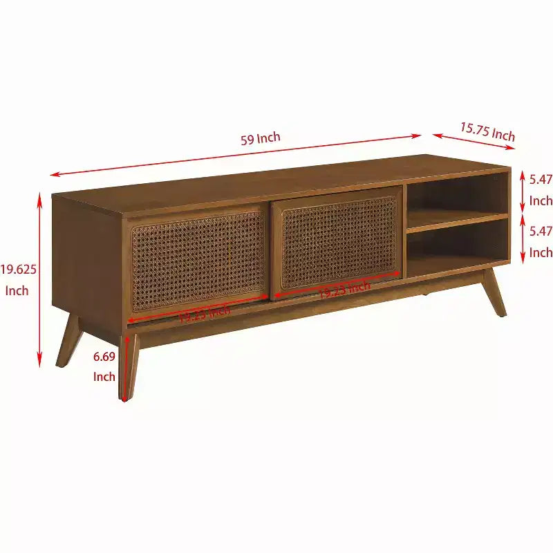 Mobile TV in rattan stile Mid-Century Modern da 59 pollici per televisori da 65 pollici, base in legno massello con ante in rattan - Legno chiaro
