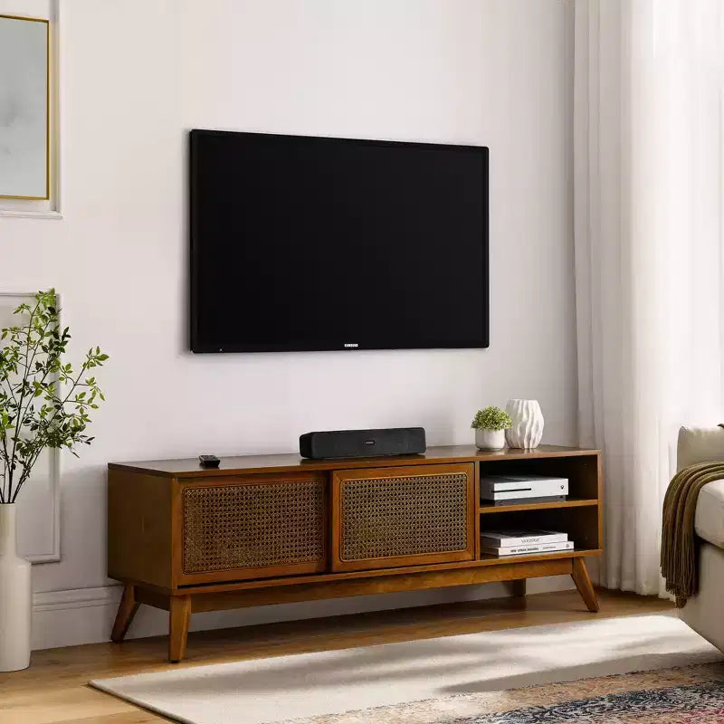 Mobile TV in rattan stile Mid-Century Modern da 59 pollici per televisori da 65 pollici, base in legno massello con ante in rattan - Legno chiaro
