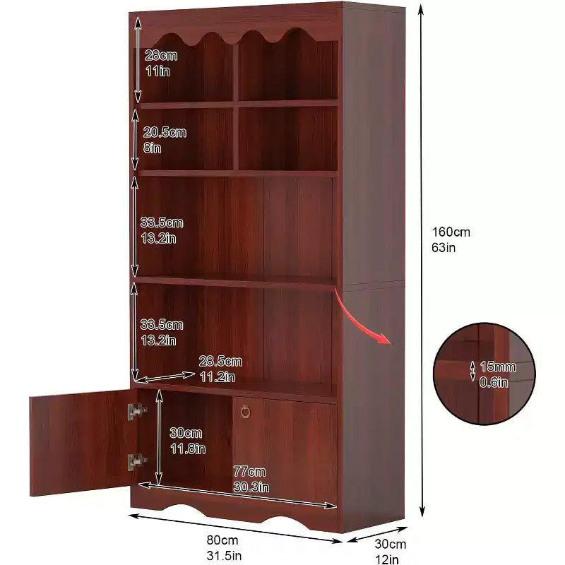 5 Tier Wooden Floor Standing Bookcase, 63 Inch High Display Storage Cabinet, Self Standing Bookcase, Home Office, Study Room, Kitchen