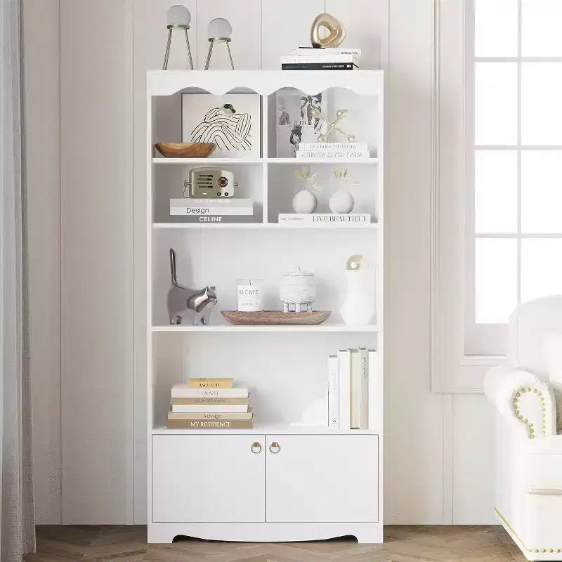 5 Tier Wooden Floor Standing Bookcase, 63 Inch High Display Storage Cabinet, Self Standing Bookcase, Home Office, Study Room, Kitchen