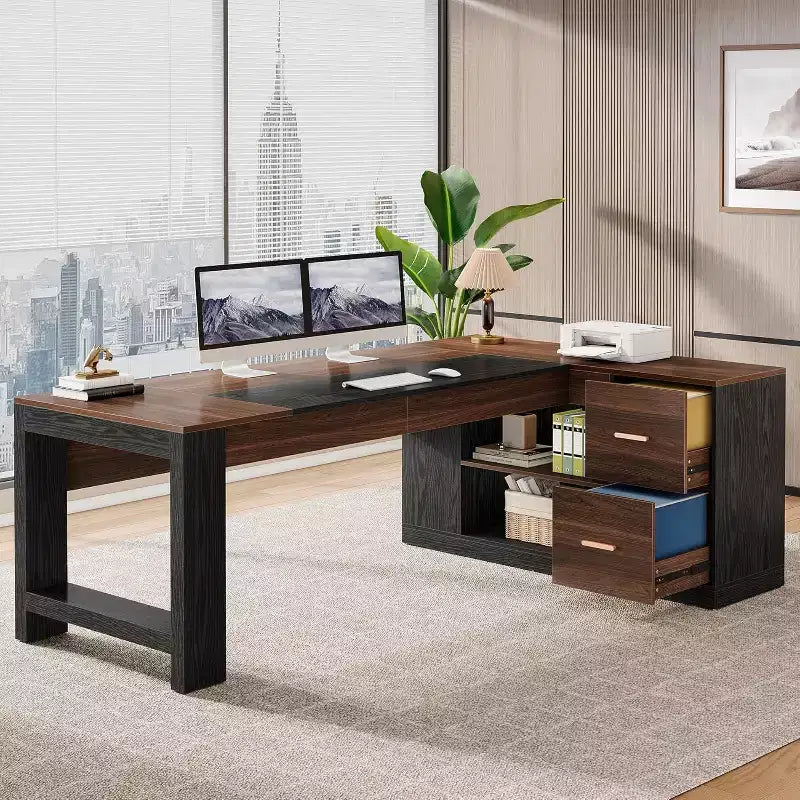 Scrivania direzionale a L da 78 pollici con cassetti, grande scrivania angolare per computer con armadietto, postazione di lavoro direzionale in legno per ufficio domestico