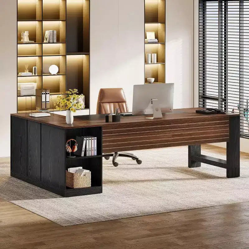 Scrivania direzionale a L da 78 pollici con cassetti, grande scrivania angolare per computer con armadietto, postazione di lavoro direzionale in legno per ufficio domestico